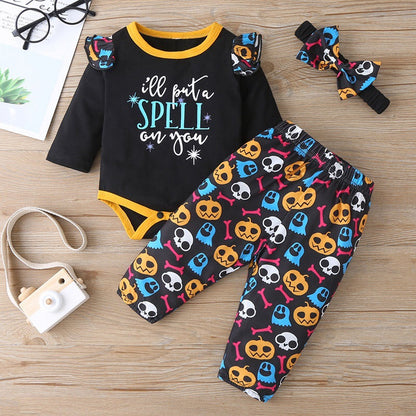 3 Pieces Set Baby Girls Halloween Letters Print Rompers