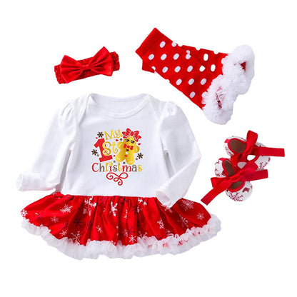 4 Pieces Set Baby Girls Christmas Dresses Bow Shoes Headwear