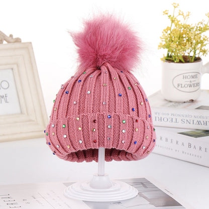 Wholesale Winter Children's Hat Fur Ball Knitted Hat Colorful Diamond Ear Protection Hat