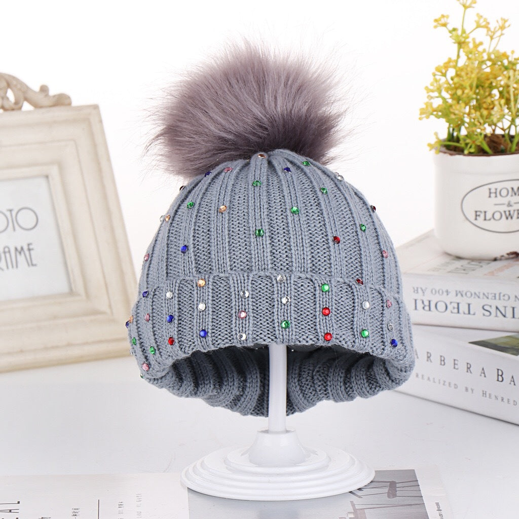 Wholesale Winter Children's Hat Fur Ball Knitted Hat Colorful Diamond Ear Protection Hat