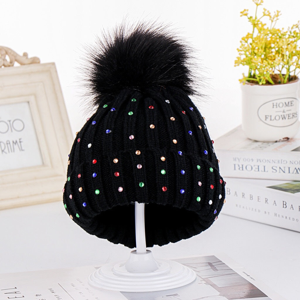 Wholesale Winter Children's Hat Fur Ball Knitted Hat Colorful Diamond Ear Protection Hat