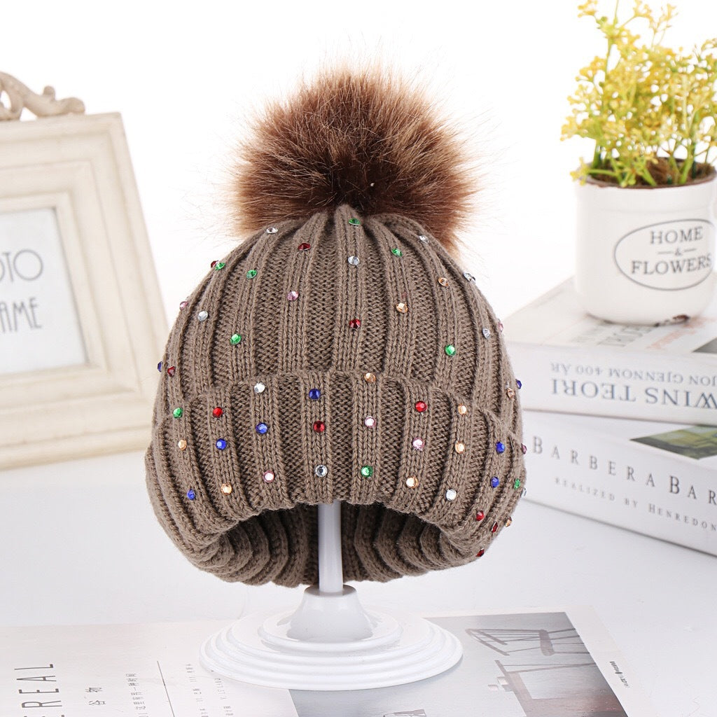 Wholesale Winter Children's Hat Fur Ball Knitted Hat Colorful Diamond Ear Protection Hat