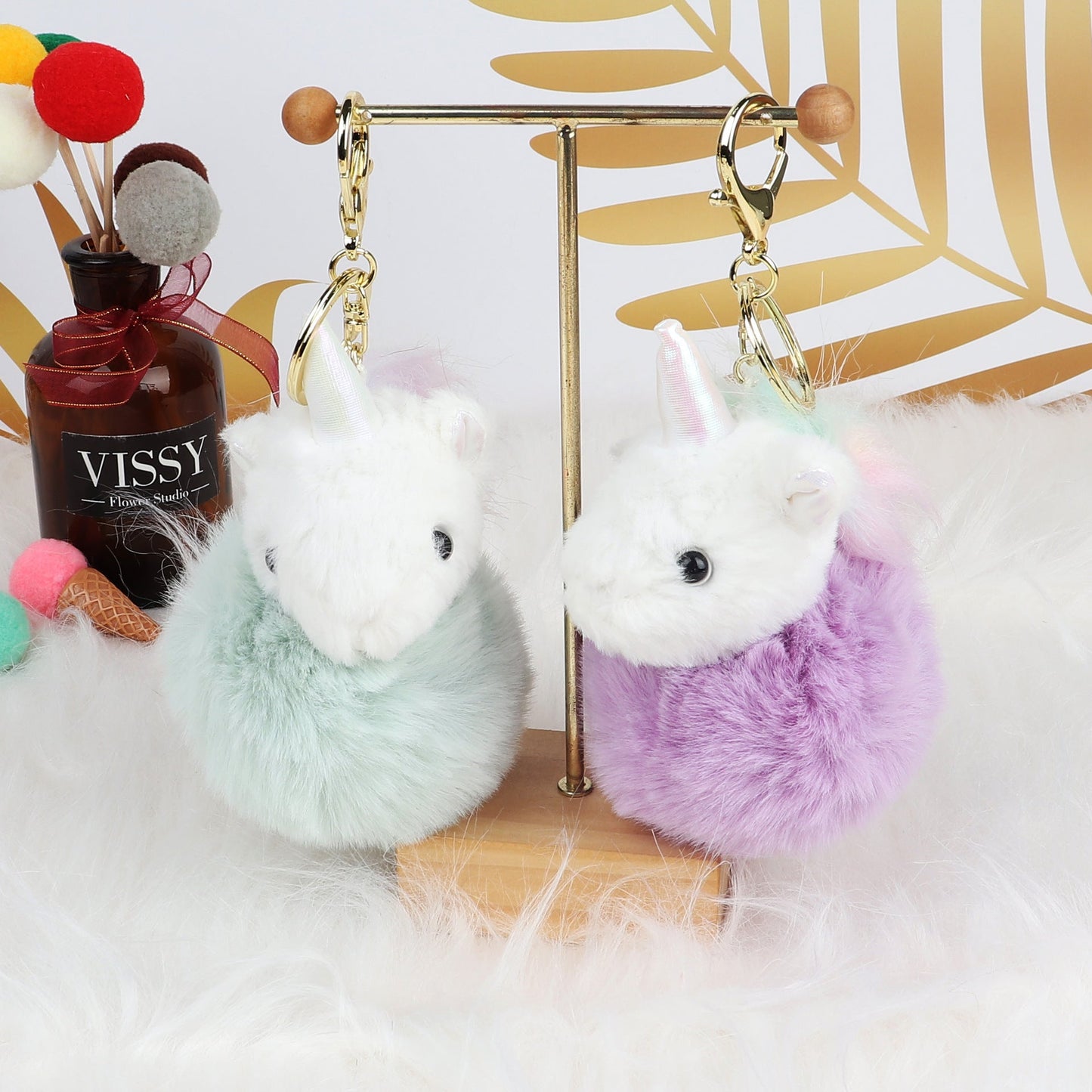 4pcs/pack Aromatherapy Fur Ball Unicorn Keychain