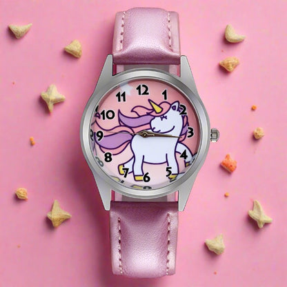 Analog Girl's Watch With Leather Strap And Unicorn Dial