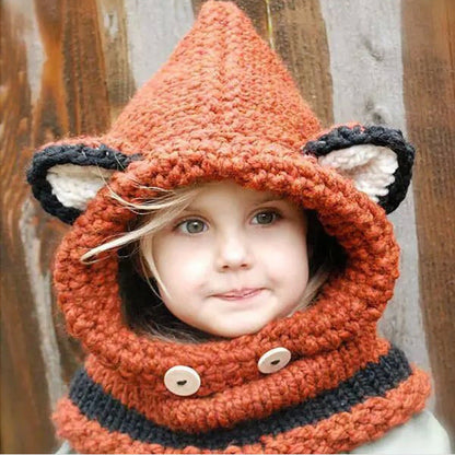 Wholesale Thick Wool Hand-knitted Children's Fox Hat Black Cat Neck Hood