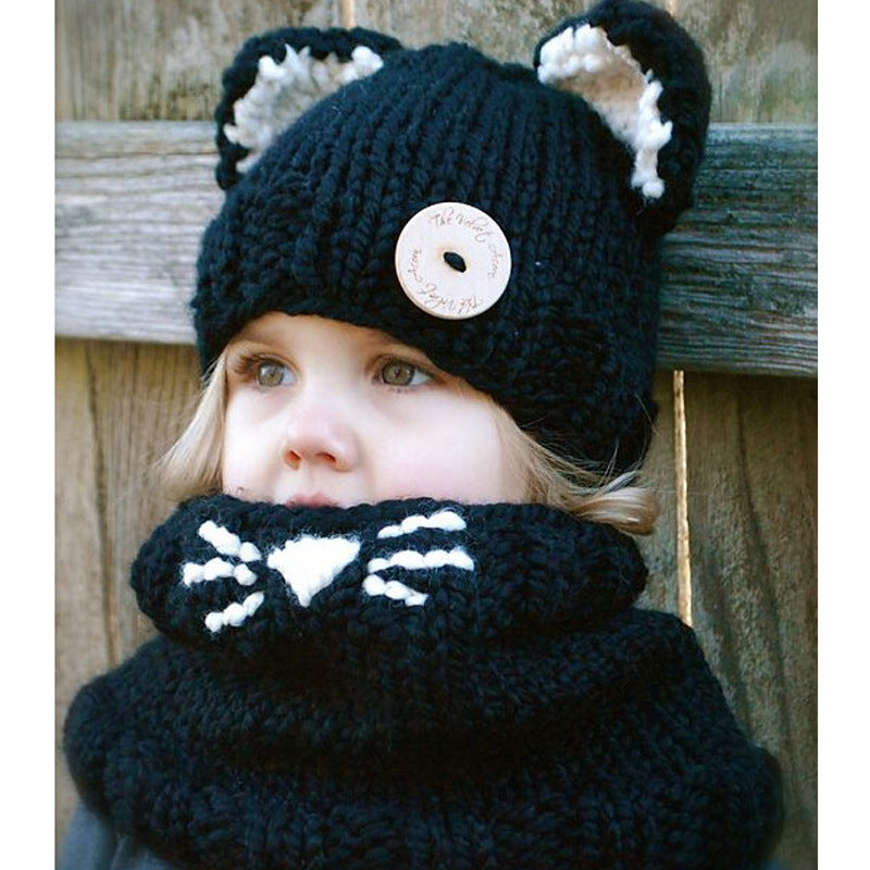 Wholesale Thick Wool Hand-knitted Children's Fox Hat Black Cat Neck Hood