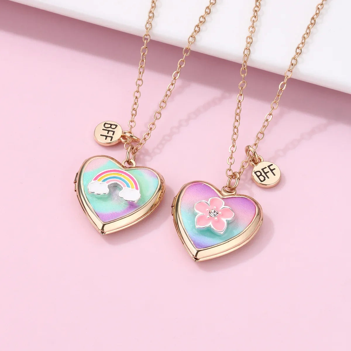 2pc Rainbow and Flower Heart Locket Necklace set