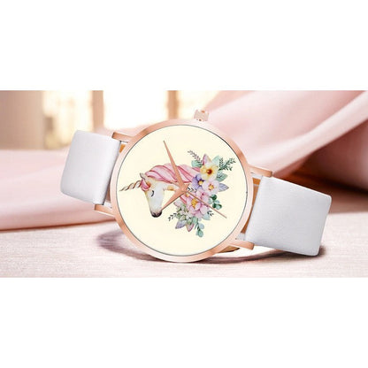 Analog Girl's Watch With Unicorn With Flowers Dial