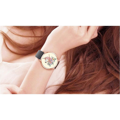 Analog Girl's Watch With Unicorn With Flowers Dial