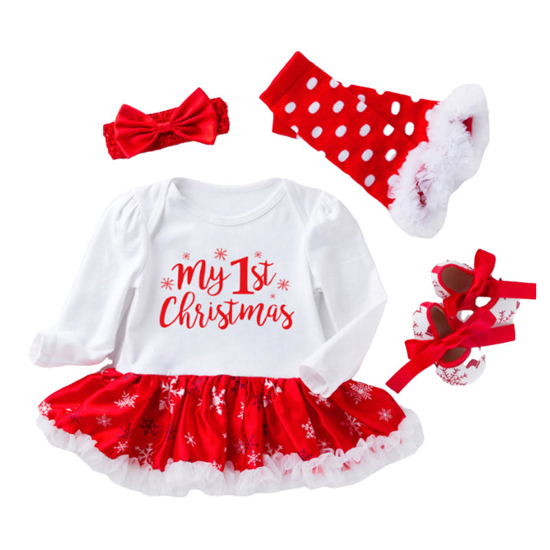 4 Pieces Set Baby Girls Christmas Dresses Bow Shoes Headwear