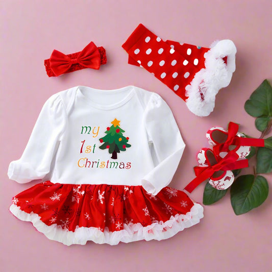 4 Pieces Set Baby Girls Christmas Dresses Bow Shoes Headwear