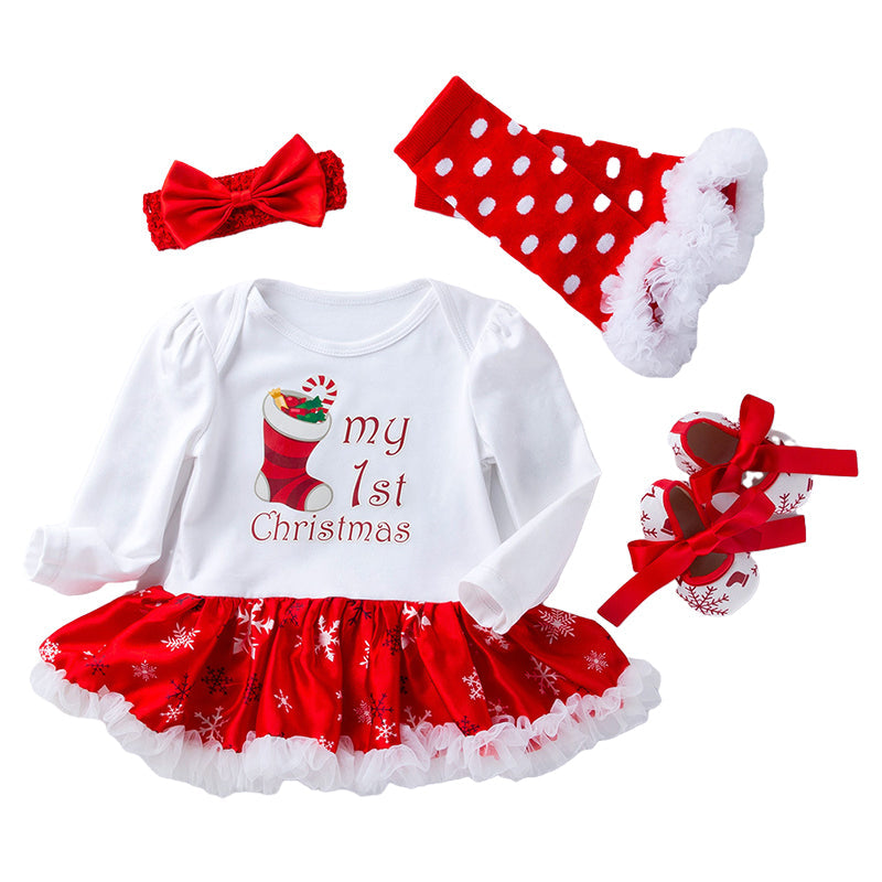 4 Pieces Set Baby Girls Christmas Dresses Bow Shoes Headwear