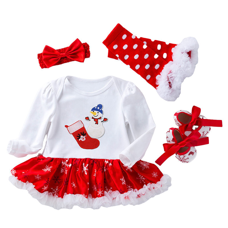 4 Pieces Set Baby Girls Christmas Dresses Bow Shoes Headwear