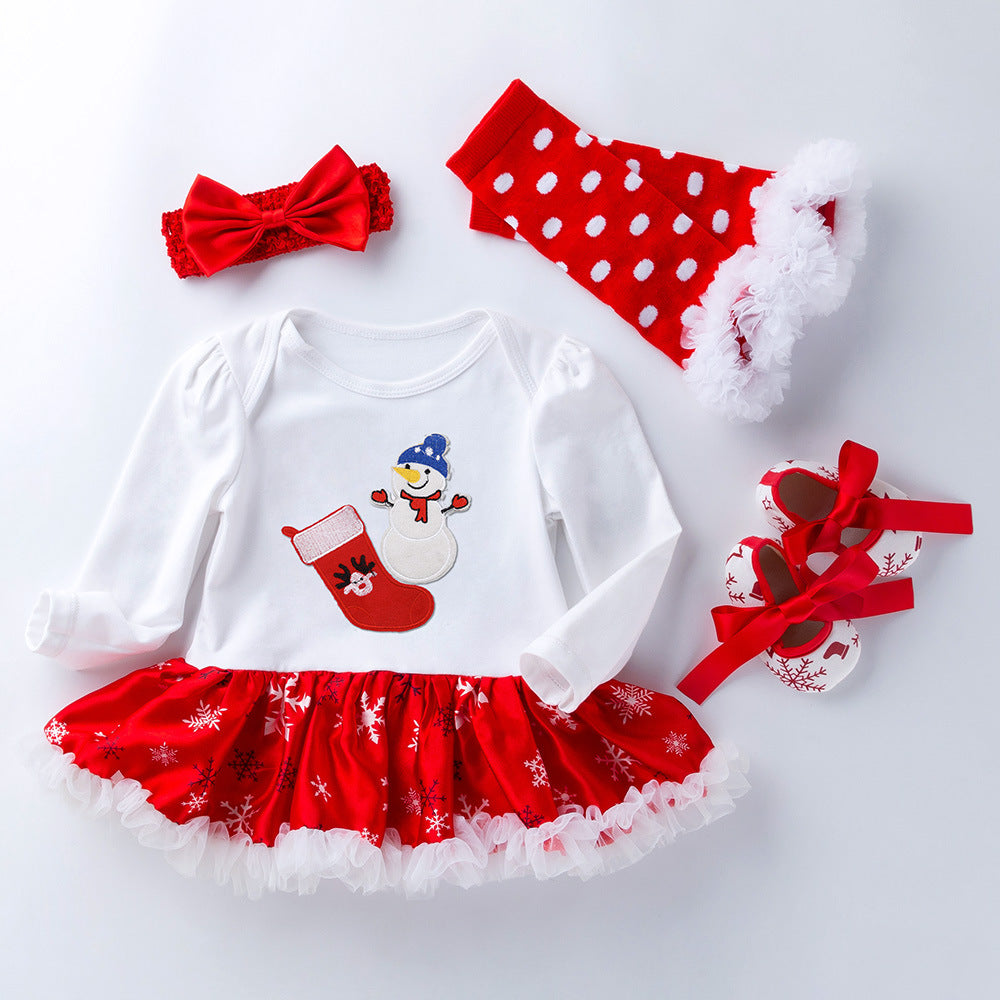 4 Pieces Set Baby Girls Christmas Dresses Bow Shoes Headwear