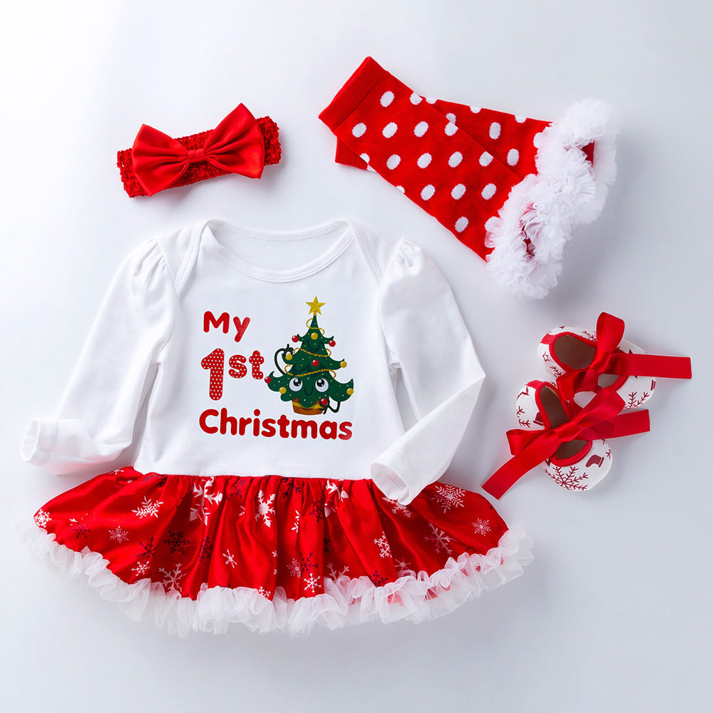 4 Pieces Set Baby Girls Christmas Dresses Bow Shoes Headwear