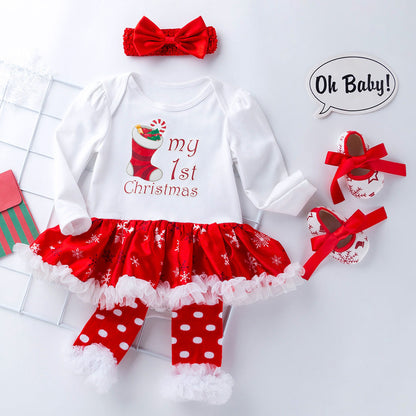 4 Pieces Set Baby Girls Christmas Dresses Bow Shoes Headwear