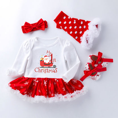 4 Pieces Set Baby Girls Christmas Dresses Bow Shoes Headwear