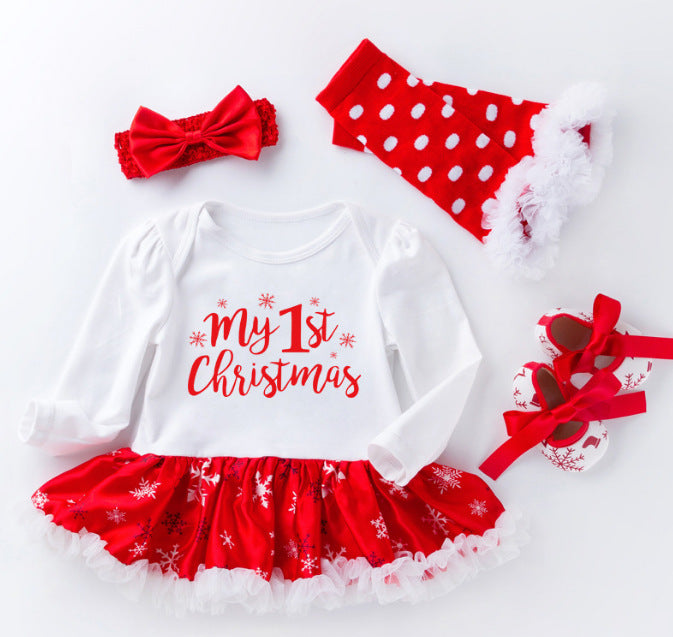 4 Pieces Set Baby Girls Christmas Dresses Bow Shoes Headwear