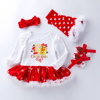 4 Pieces Set Baby Girls Christmas Dresses Bow Shoes Headwear