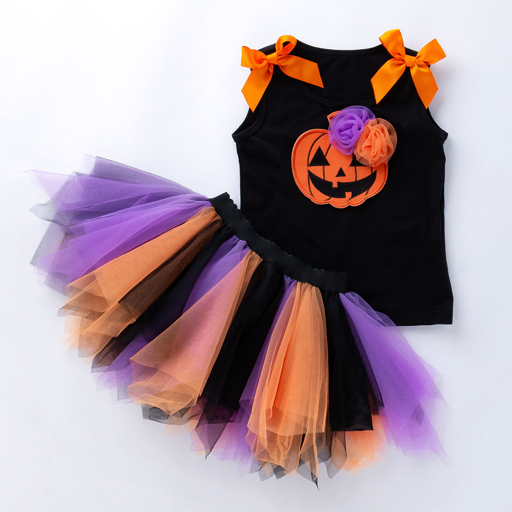 2 Pieces Set Baby Kid Girls Halloween Flower Bow Tank Tops