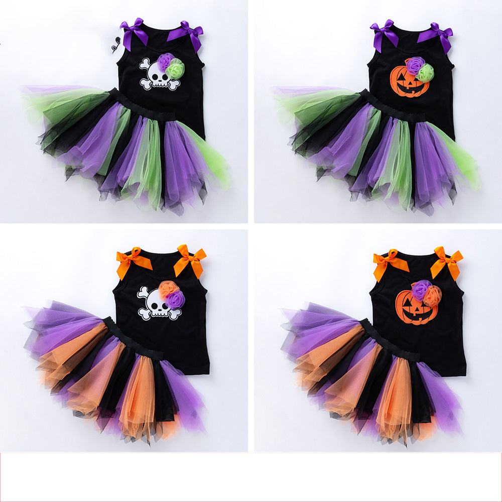 2 Pieces Set Baby Kid Girls Halloween Flower Bow Tank Tops