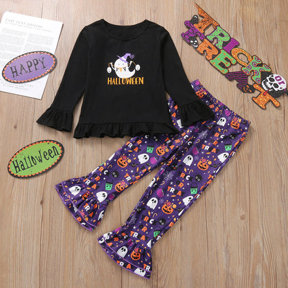 2 Pieces Set Kid Girls Halloween Tops And Cartoon Pants