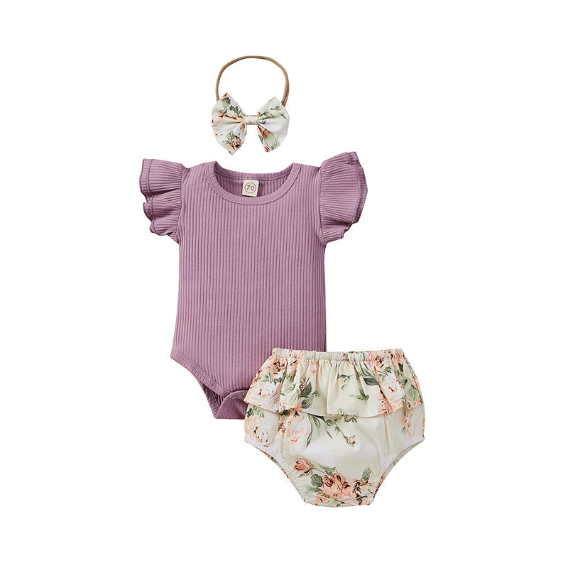 3 Pieces Set Baby Girls Solid Color Shorts And Headwear