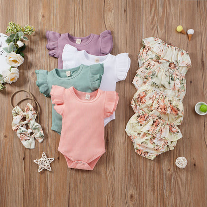 3 Pieces Set Baby Girls Solid Color Shorts And Headwear