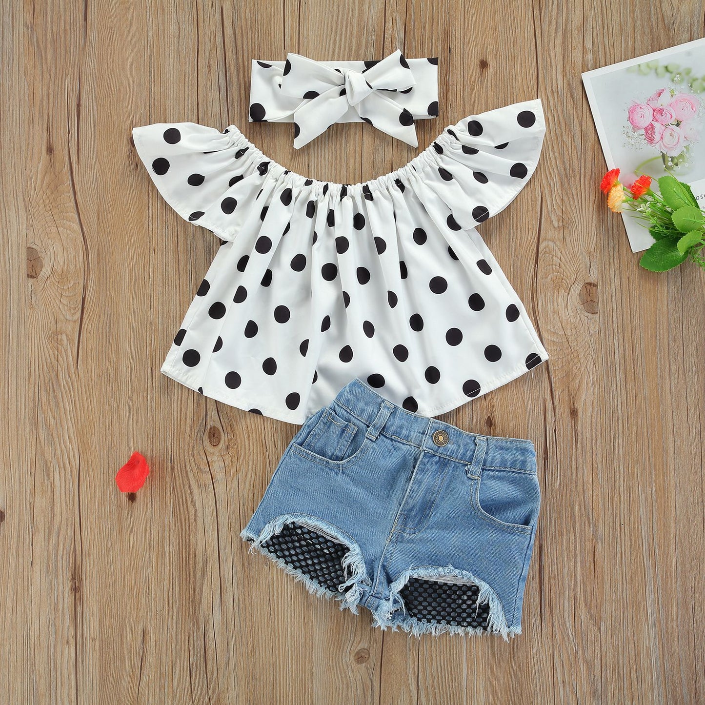 3 Pieces Set Baby Kid GirlsTops Ripped Shorts And Bow Headwear