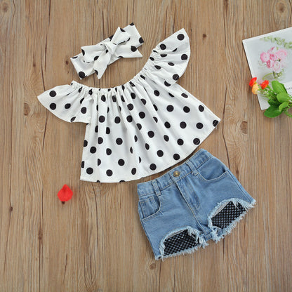 3 Pieces Set Baby Kid GirlsTops Ripped Shorts And Bow Headwear