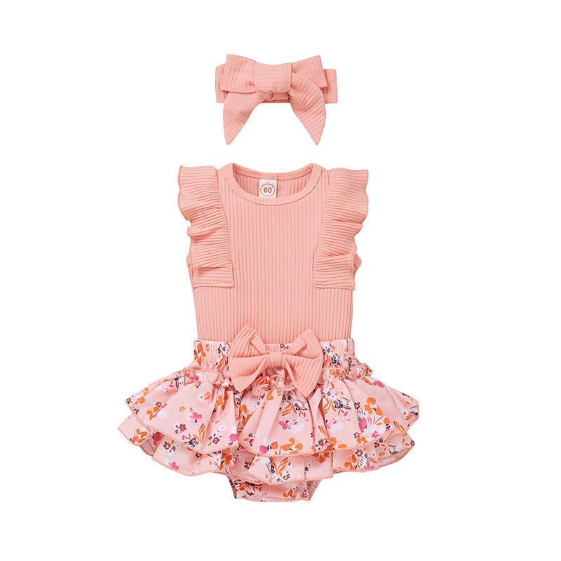 3 Pieces Set Baby Girls Solid Color Print Tank Tops Flower Skirts And Bow Headwear Wholesale 220315176