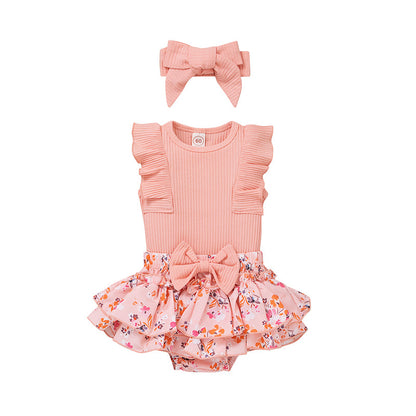 3 Pieces Set Baby Girls Solid Color Print Tank Tops Flower Skirts And Bow Headwear Wholesale 220315176