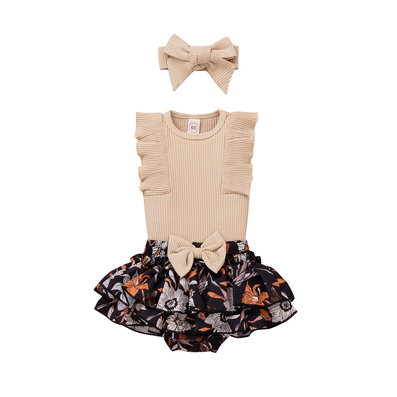 3 Pieces Set Baby Girls Solid Color Print Tank Tops Flower Skirts And Bow Headwear Wholesale 220315176