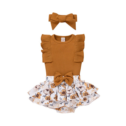 3 Pieces Set Baby Girls Solid Color Print Tank Tops Flower Skirts And Bow Headwear Wholesale 220315176