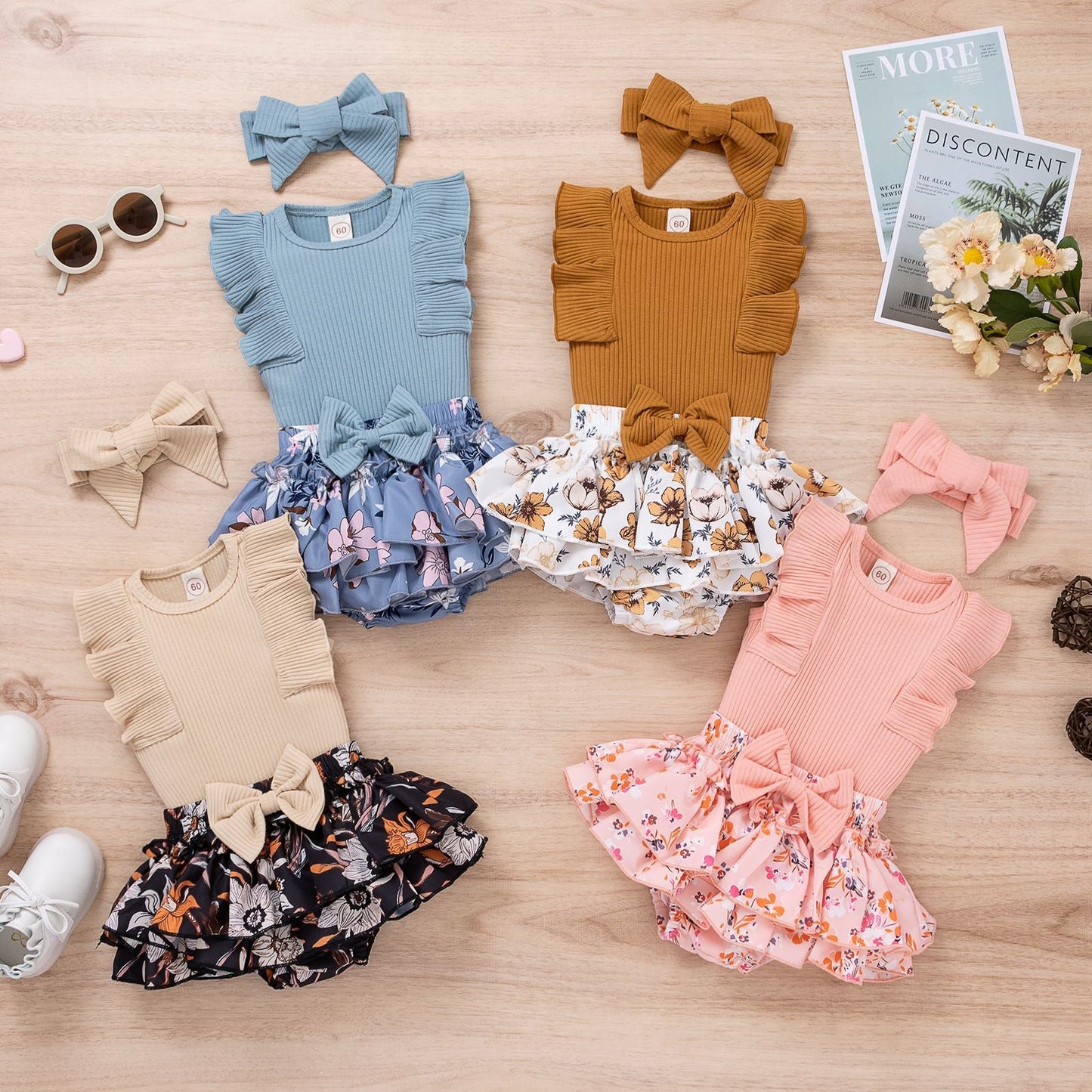 3 Pieces Set Baby Girls Solid Color Print Tank Tops Flower Skirts And Bow Headwear Wholesale 220315176