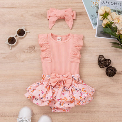 3 Pieces Set Baby Girls Solid Color Print Tank Tops Flower Skirts And Bow Headwear Wholesale 220315176