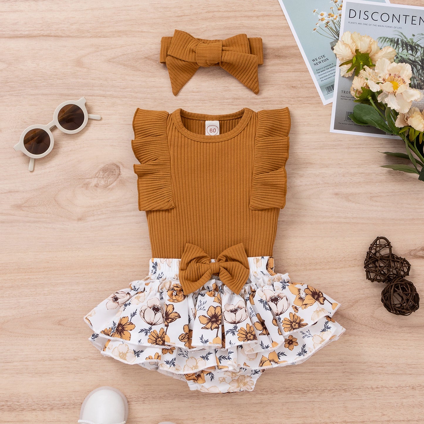 3 Pieces Set Baby Girls Solid Color Print Tank Tops Flower Skirts And Bow Headwear Wholesale 220315176