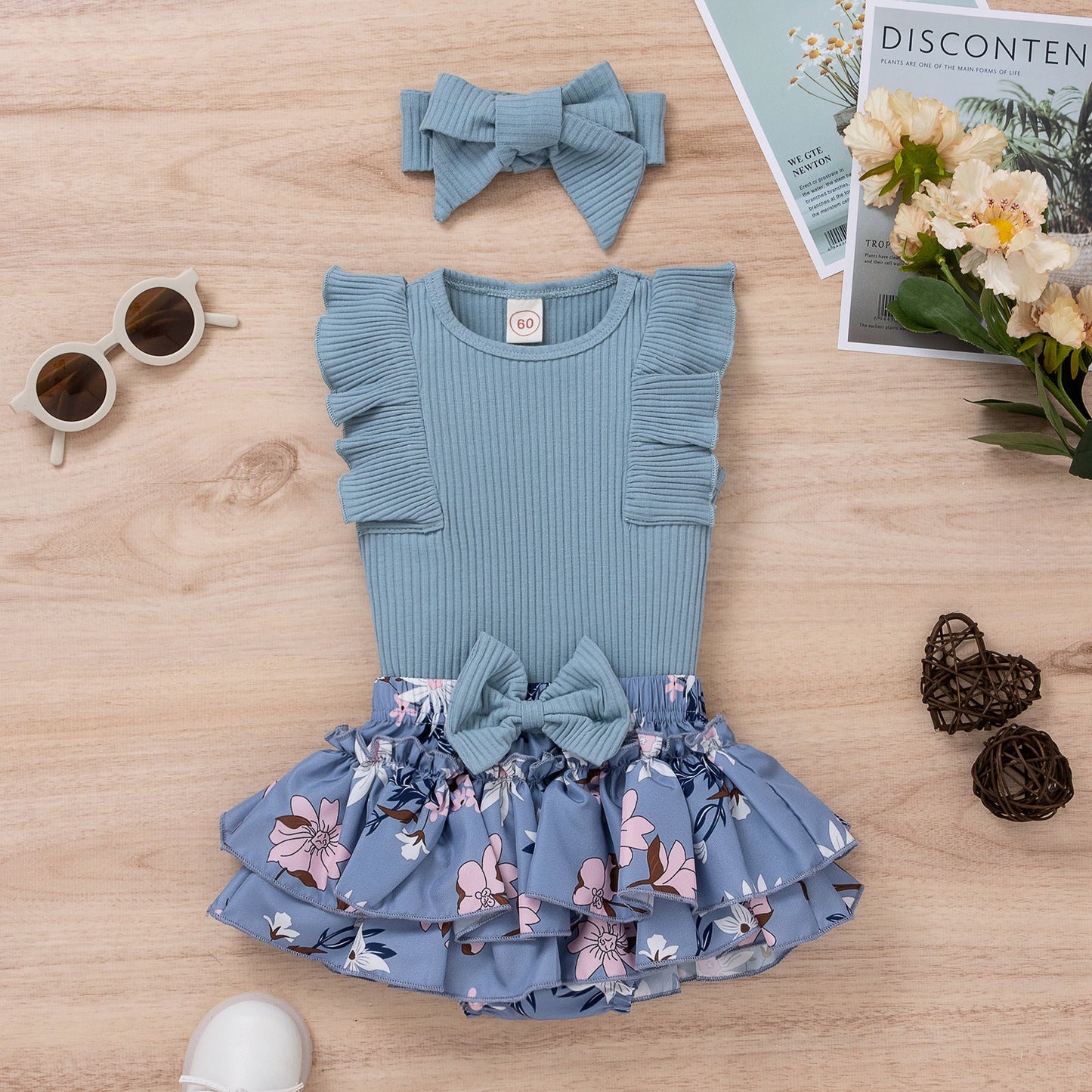 3 Pieces Set Baby Girls Solid Color Print Tank Tops Flower Skirts And Bow Headwear Wholesale 220315176