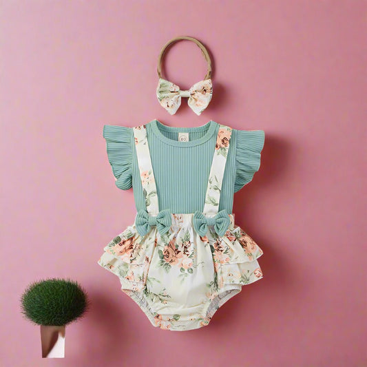 3 Pieces Set Baby Girls Tops Flower Rompers And Bow Headwear