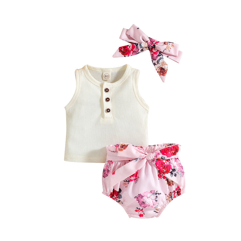 3 Pieces Set Baby Girls Tops Flower Shorts And Bow Headwear