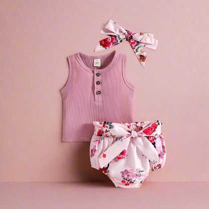 3 Pieces Set Baby Girls Tops Flower Shorts And Bow Headwear