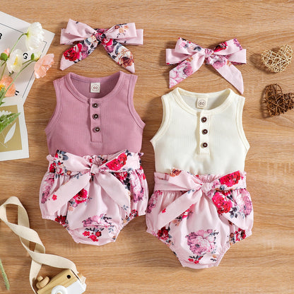 3 Pieces Set Baby Girls Tops Flower Shorts And Bow Headwear