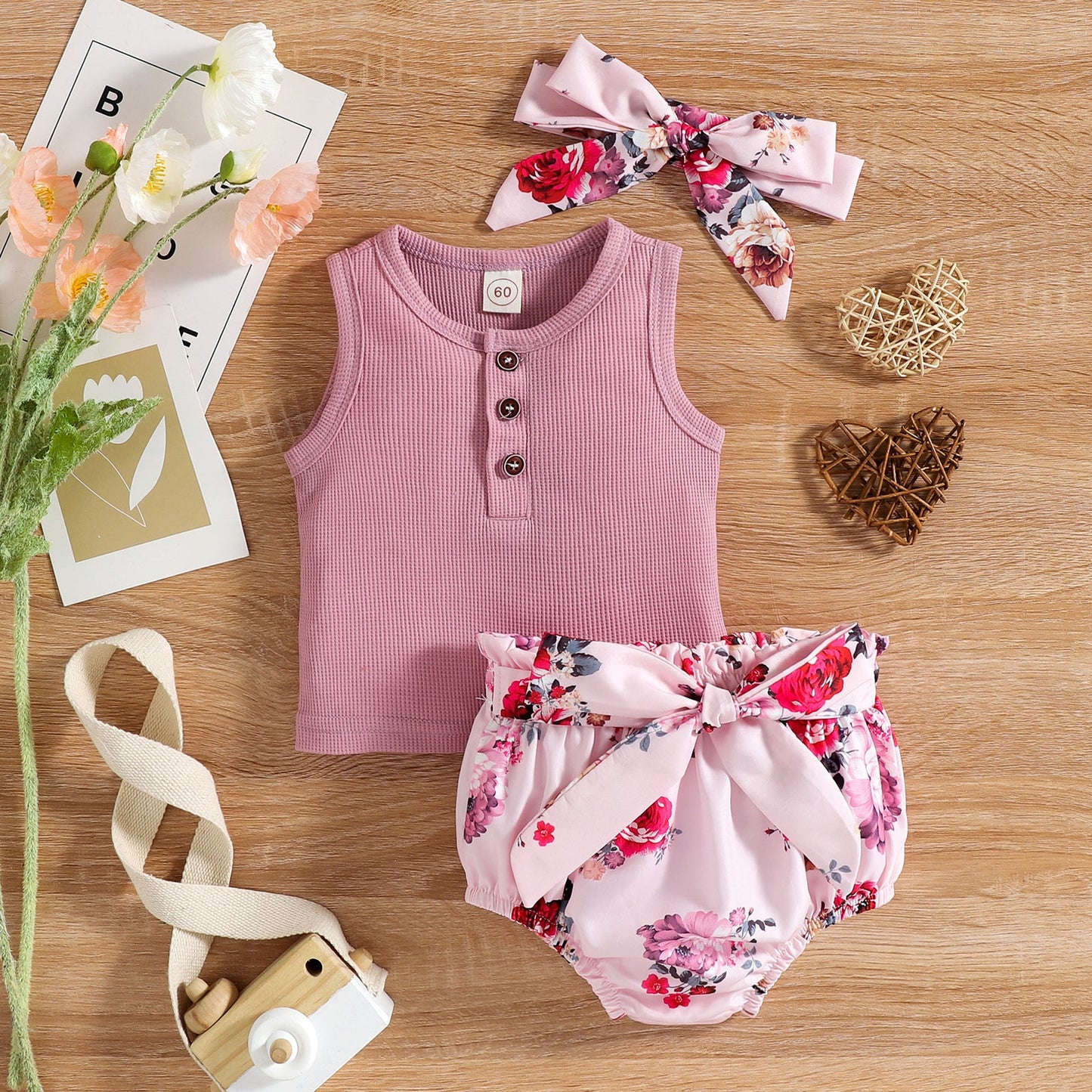 3 Pieces Set Baby Girls Tops Flower Shorts And Bow Headwear