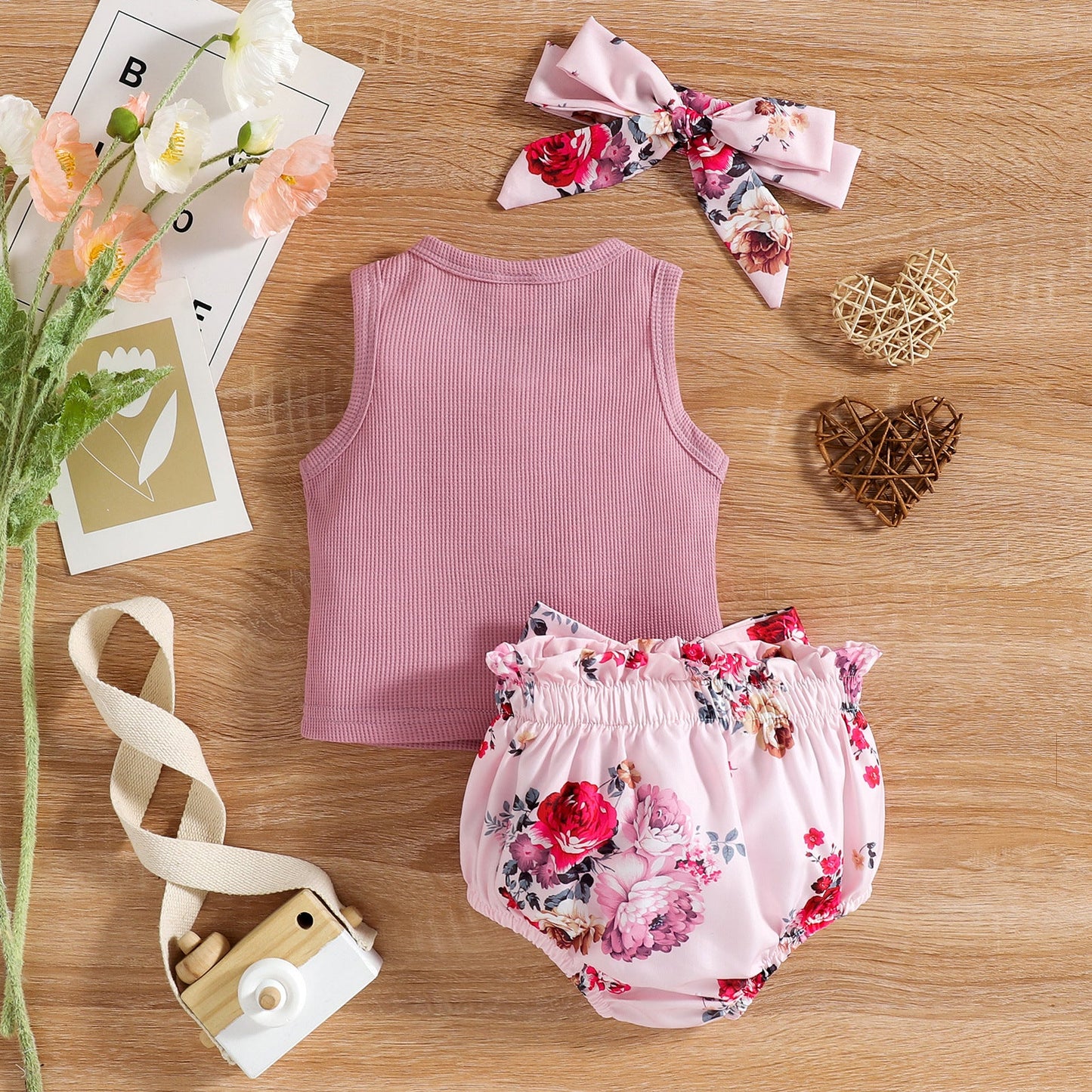 3 Pieces Set Baby Girls Tops Flower Shorts And Bow Headwear