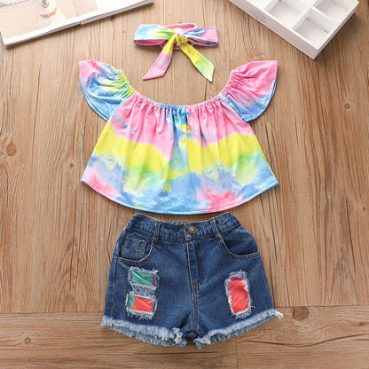 3 Pieces Set Baby Kid Girls Tops And Shorts And Bow Headwear