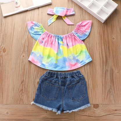 3 Pieces Set Baby Kid Girls Tops And Shorts And Bow Headwear