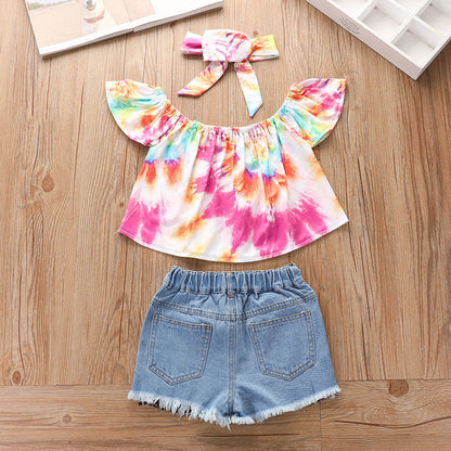 3 Pieces Set Baby Kid Girls Tops And Jeans And Bow Headwear