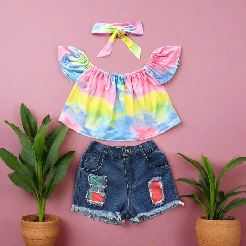 3 Pieces Set Baby Kid Girls Tops And Shorts And Headwear