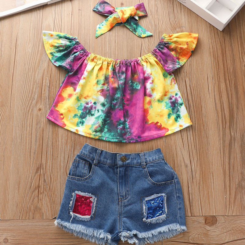 3 Pieces Set Baby Kid Girls Tops And Shorts And Headwear