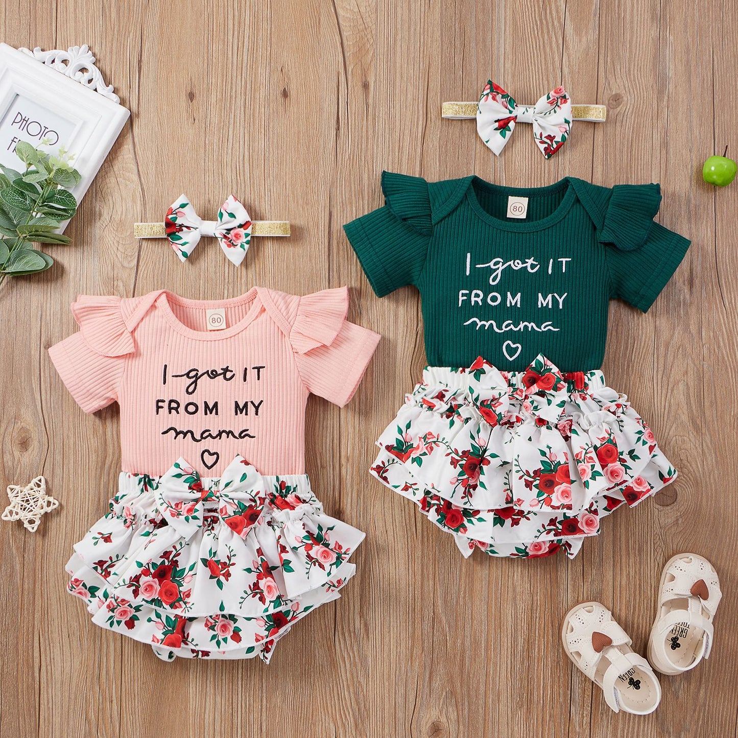 3 Pieces Set Baby Girls Letters Shorts And Bow Headwear